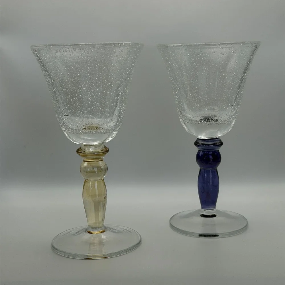 2 Pottery Barn Hand Blown Wine Glasses Water‎ Goblets Bubble Violet Blue Yellow
